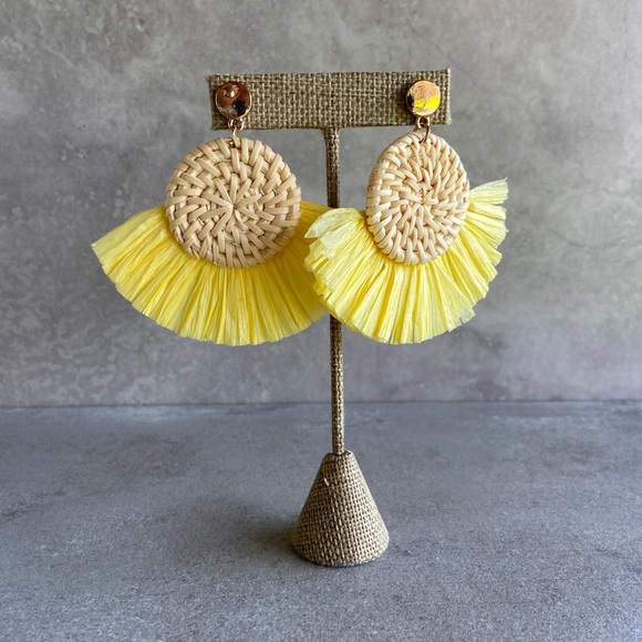 Rattan Yellow Woven Fashion Statement Earrings - Picture 4 of 6